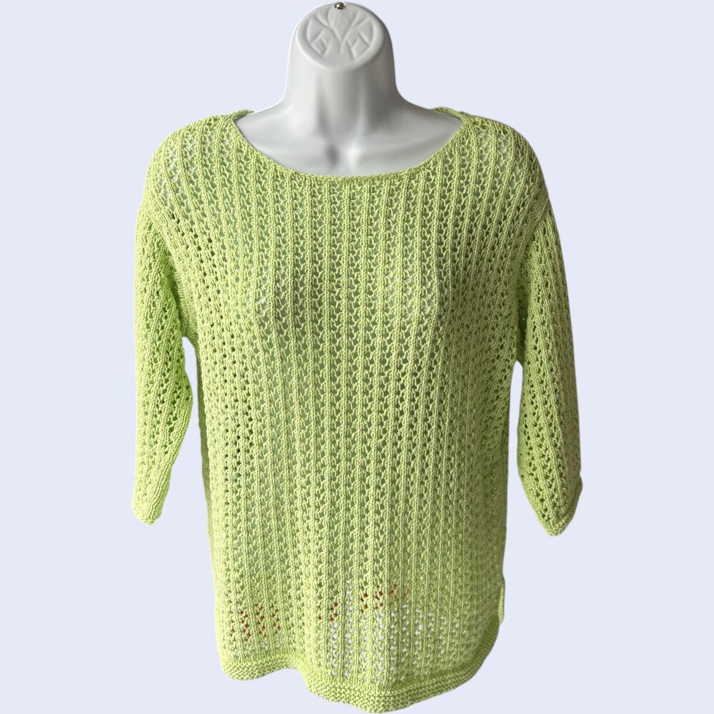 J.JILL S Petite Coastal Boho Open Knit Sweater Chartreuse 3/4 Sleeve